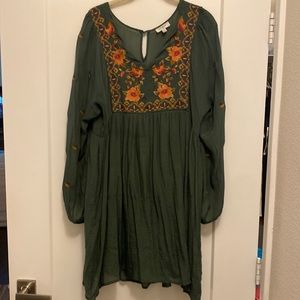 umgee green long sleeve embroidered dress